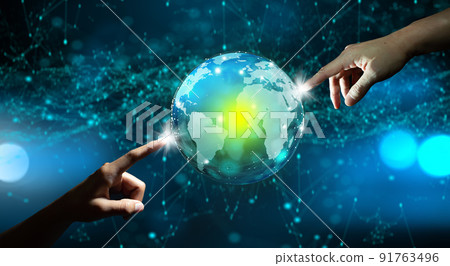 Businessman hands pointing crystal digital world. Global network connection, Big data analytic, Business intelligence and Technology connection concept. 91763496
