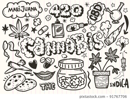 Cannabis Marihuana Traditional Doodle Icons Sketch Hand Made Design Cannabis Marihuana Traditional Doodle Icons Sketch Hand Made Design 91767706