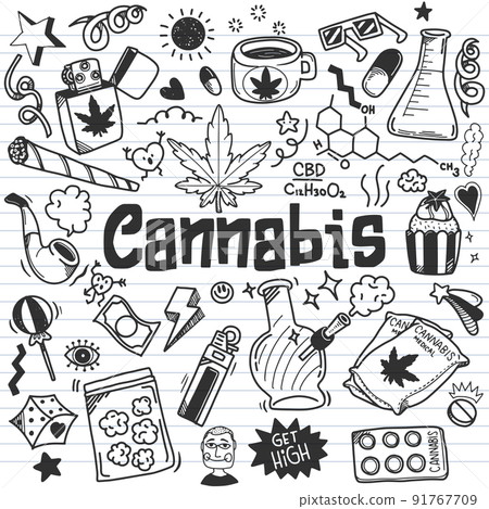 Cannabis Marihuana Traditional Doodle Icons Sketch Hand Made Design Cannabis Marihuana Traditional Doodle Icons Sketch Hand Made Design 91767709