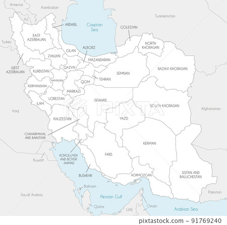 Vector map of Iran with provinces and administrative divisions, and neighbouring countries. Editable and clearly labeled layers. Vector map of Iran with provinces and administrative divisions, and neighbouring countries. Editable and clearly labeled layers. 91769240