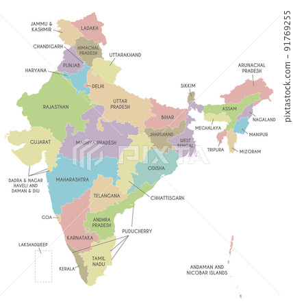 Vector map of India with states and territories and administrative divisions. Editable and clearly labeled layers. Vector map of India with states and territories and administrative divisions. Editable and clearly labeled layers. 91769255