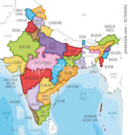 Vector illustrated map of India with states and territories and administrative divisions, and neighbouring countries. Editable and clearly labeled layers. 91769262