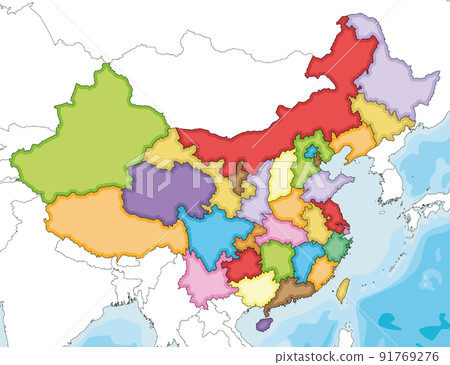 Vector illustrated blank map of China with provinces, regions and administrative divisions, and neighbouring countries. Editable and clearly labeled layers. Vector illustrated blank map of China with provinces, regions and administrative divisions, and neighbouring countries. Editable and clearly labeled layers. 91769276