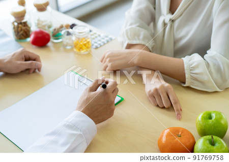 Woman meet with professional nutritionist in hospital and taking a supplement pills close up with copyspace. Nutritionist give a recommendation to young woman patient. 91769758