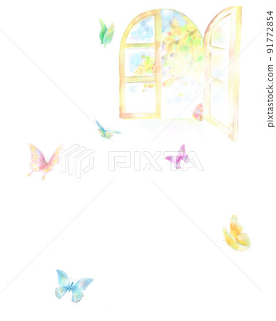 手繪蝴蝶在窗邊飛舞 91772854