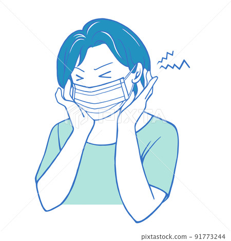 Illustration of a woman wearing a mask frowning and holding her hands behind her ears 91773244