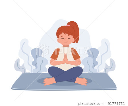 girl meditating in lotus pose.meditation for children.Flat vector cartoon character illustration. 91773751