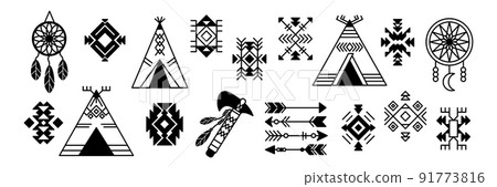 Native American patterns. Indian teepee. Geometric motifs. Dream catchers with feathers. Aztec geometric traditional shapes. Black silhouette ornaments set. Vector design background Native American patterns. Indian teepee. Geometric motifs. Dream catchers with feathers. Aztec geometric traditional shapes. Black silhouette ornaments set. Vector design background 91773816