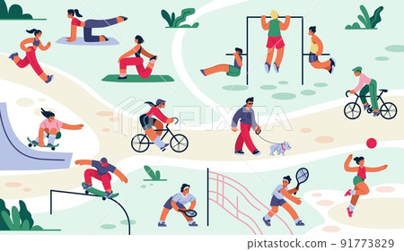 People exercise in park. Outdoor sport training. Characters skateboarding and jogging. Person in yoga asana. Active bicycle or leisure play. Summer groups. Vector workout activities set 91773829