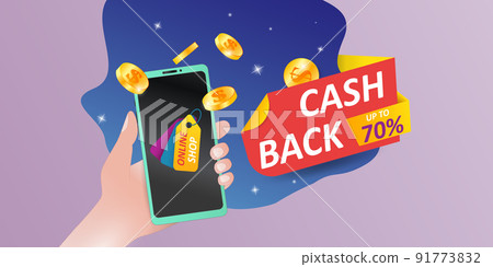 Money bonus banner. Cashback promotion. Smartphone in hand with web discount app. Internet store sale flyer. Phone and gold coins in arm. Cash refund. Vector shopping card background 91773832