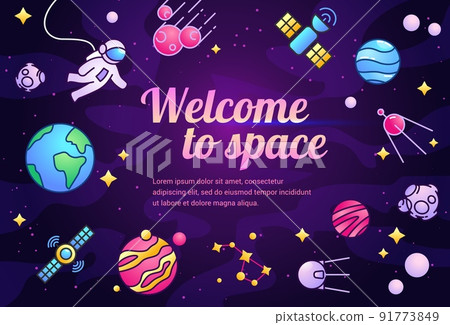Space planet landing. Galaxy with Earth and astronaut. Planetarium spaceship technology. Welcome to cosmos. Cosmonaut and cosmic satellites. Star constellations. Vector flat poster Space planet landing. Galaxy with Earth and astronaut. Planetarium spaceship technology. Welcome to cosmos. Cosmonaut and cosmic satellites. Star constellations. Vector flat poster 91773849