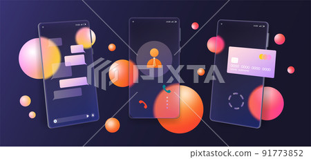 Glass phone app interface. Mobile glassmorphism frames for smartphone. Banking or call transparent UX application design. Messenger UI. Colorful spheres. Phone screens. Vector banner Glass phone app interface. Mobile glassmorphism frames for smartphone. Banking or call transparent UX application design. Messenger UI. Colorful spheres. Phone screens. Vector banner 91773852