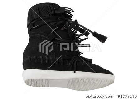 Women's suede black boot with leather noodle trim, cowboy retro style, on a white background 91775189