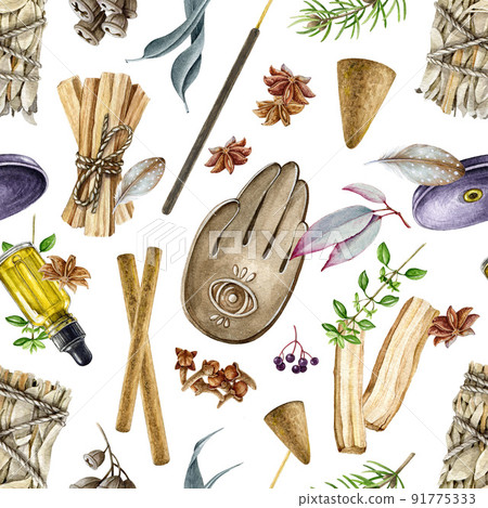 Incense aroma seamless pattern. Watercolor illustration. Aroma sticks, ceramic incense burner, palo santo stick, white sage bunch, aroma oil bottle seamless pattern. Elements for relax, meditation 91775333