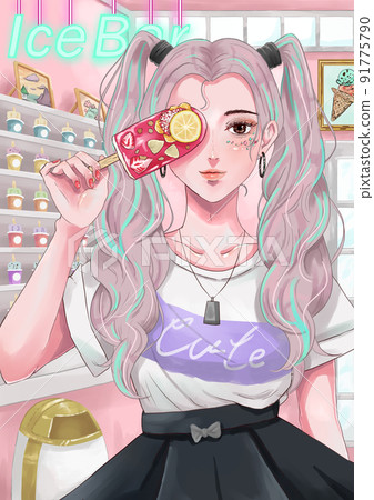 Cute girl with twin tails having ice cream 91775790