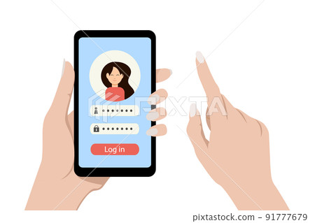 Vector smartphone in female hands with a page of login to the personal account isolated on white Vector smartphone in female hands with a page of login to the personal account isolated on white 91777679