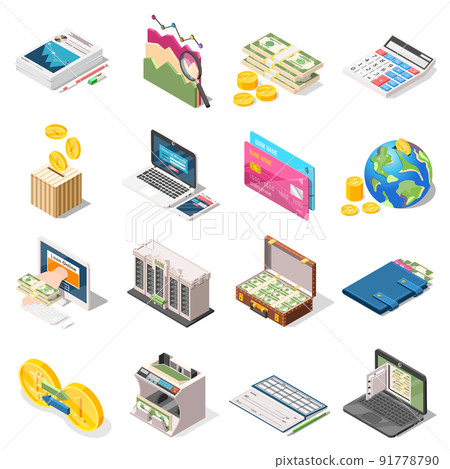 Accounting Isometric Icons Set 91778790