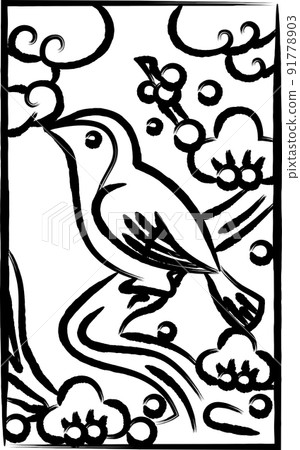 一個簡單的 Hanafuda 畫筆插圖，一隻日本叢林鶯，一隻日本叢林鶯和一隻日本叢林鶯在 2 月。 91778903