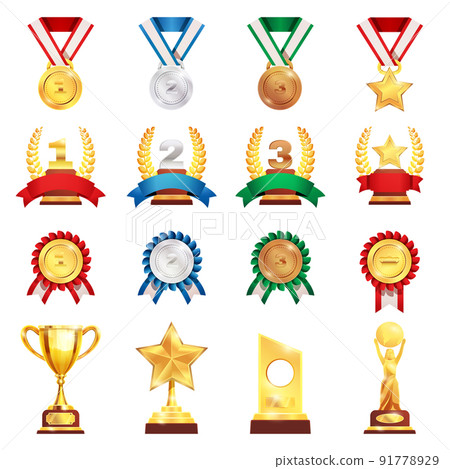 Award Trophy Medal Realistic Set 91778929