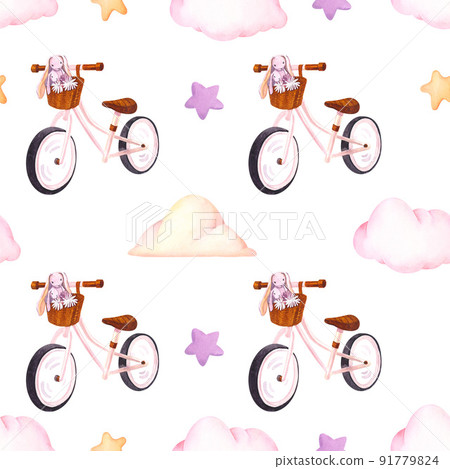Bike and clouds pattern watercolor. Design for logo, baby textile, nursery decor, children decoration, kids room, prints, baby shower, greeting card. 91779824