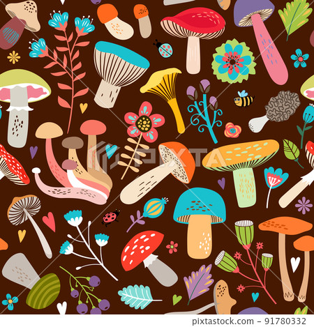 Assorted Leaves and Mushrooms on Brown Background 91780332