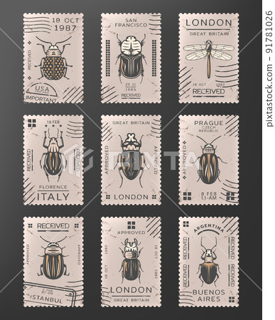 Vintage Colored Insects Stamps Set 91781026