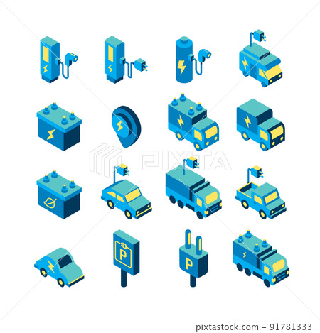electric vehicle logo isometric flat color icons set. EV ECO clean energy technology icon. simple design vector 91781333