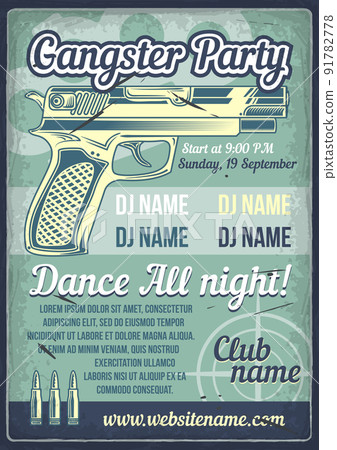 Advertising poster design with illustration of a pistol and bullets on vintage background. Advertising poster design with illustration of a pistol and bullets on vintage background. 91782778