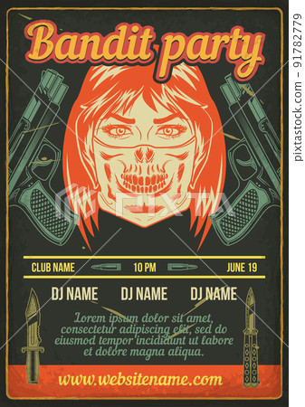 Advertising poster design with illustration of a bandit girl with pistols on vintage background. Advertising poster design with illustration of a bandit girl with pistols on vintage background. 91782779