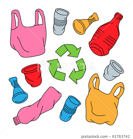 Unsorted garbage set. Recycling ecology problem concept. Plastic, glass, metal, paper, organic waste illustration. Garbage types set Unsorted garbage set. Recycling ecology problem concept. Plastic, glass, metal, paper, organic waste illustration. Garbage types set 91783742