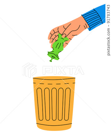 Hand throwing apple core in recycle bin. Garbage utilisation. Problem globe pollution illustration Hand throwing apple core in recycle bin. Garbage utilisation. Problem globe pollution illustration 91783743