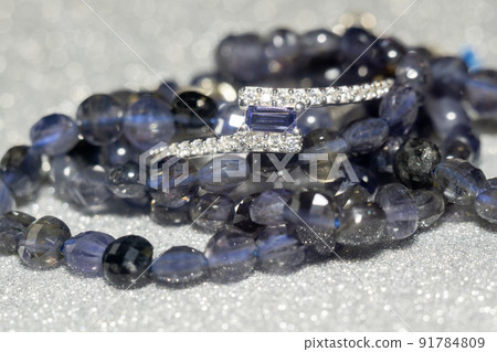 Silver ring with iolite and necklace 91784809