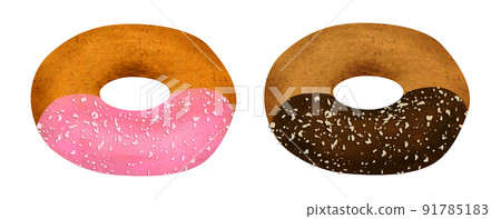 Hand-drawn illustration of a set of 2 chocolate nuts and strawberries crunch donuts Hand-drawn illustration of a set of 2 chocolate nuts and strawberries crunch donuts 91785183