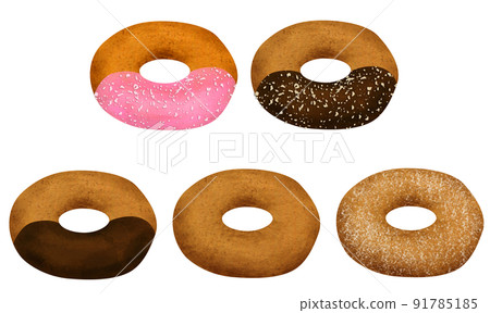 Hand-drawn illustration of a set of 5 plain sugar, chocolate, chocolate nuts, and strawberry crunch donuts 91785185