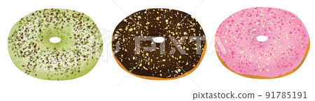 Hand-drawn illustration of chocolate, strawberry, pistachio crunch donut 3 pieces 91785191