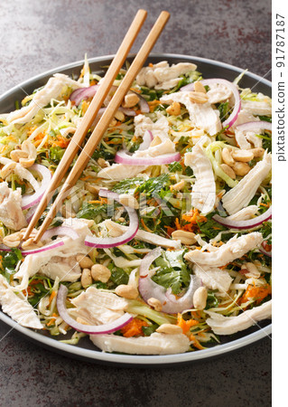 Authentic Vietnamese chicken salad Goi ga close-up in a plate. Vertical Authentic Vietnamese chicken salad Goi ga close-up in a plate. Vertical 91787187