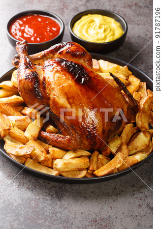 Festive grilled whole chicken with fried potatoes, mustard and ketchup close-up in a plate. Vertical 91787196