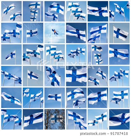 Collage with Finnish flags against blue sky. Full size. Collage with Finnish flags against blue sky. Full size. 91787418