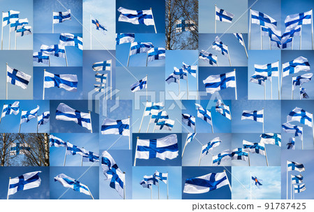 Collage with Finnish flags against blue sky. Full size. 91787425