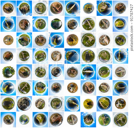 Set of a three dimensional panoramic views of places in Finland in a mini planet panorama style. Full size. Set of a three dimensional panoramic views of places in Finland in a mini planet panorama style. Full size. 91787427