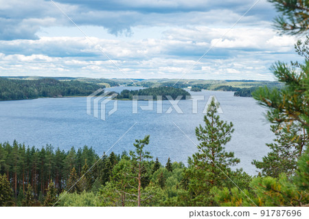 Beautiful view to the lake Pyhajarvi from mountain Hiidenvuori on island Hiidensaari, Finland 91787696