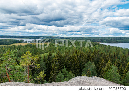 Beautiful view to the lake Pyhajarvi from mountain Hiidenvuori on island Hiidensaari, Finland 91787700