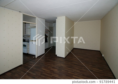 Interior of empty old apartment studio with living room and kitchen 91789441
