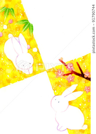 2023/Reiwa 5 Year of the Rabbit New Year's card template No. 10-1 (hand-drawn watercolor illustration Japanese-style cute material) 91790744