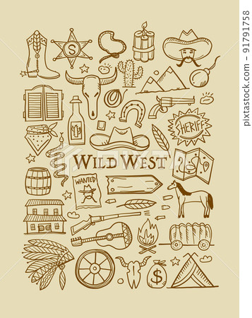 Wild Western. Adventure Background. Icons collection for your design Wild Western. Adventure Background. Icons collection for your design 91791758