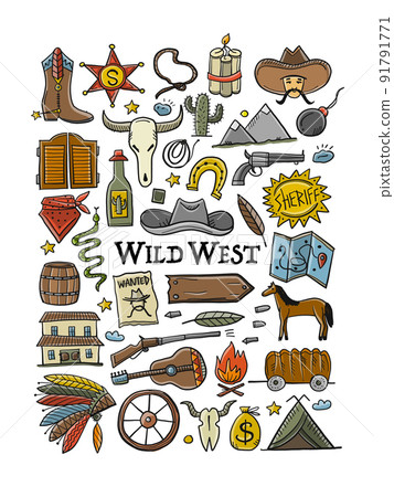 Wild Western. Adventure Background. Icons collection for your design Wild Western. Adventure Background. Icons collection for your design 91791771