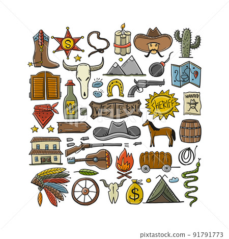 Wild Western. Adventure Background. Icons collection for your design 91791773