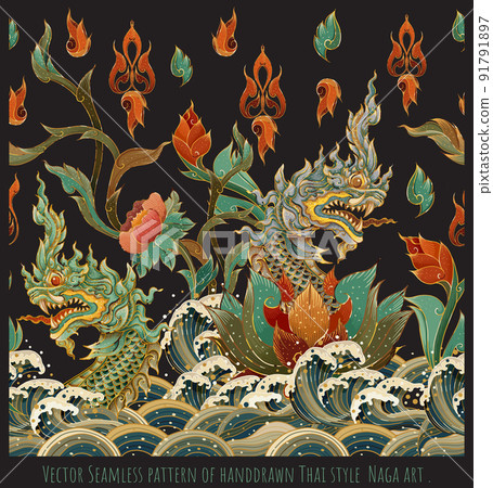 Vector Seamless pattern of handdrawn Thai style Naga art Vector Seamless pattern of handdrawn Thai style Naga art 91791897