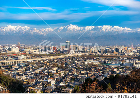 The center of Toyama City where the Tateyama mountain range seen from the Kurehayama observatory and the viaduct of the Hokuriku Shinkansen run The center of Toyama City where the Tateyama mountain range seen from the Kurehayama observatory and the viaduct of the Hokuriku Shinkansen run 91792141