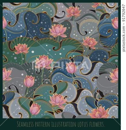 Seamless pattern art of lotus flowers and leaves. 91792647